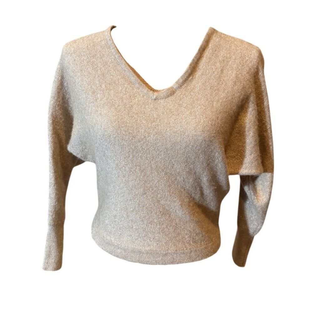 BCBG Maxazria Women's XS Gold V-Neck Pullover Sweater Shiny Flecks